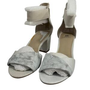 Block Heel Sandals Ankle Strap Comfort Dress Shoes Womens Size 8 Silver Fabric M